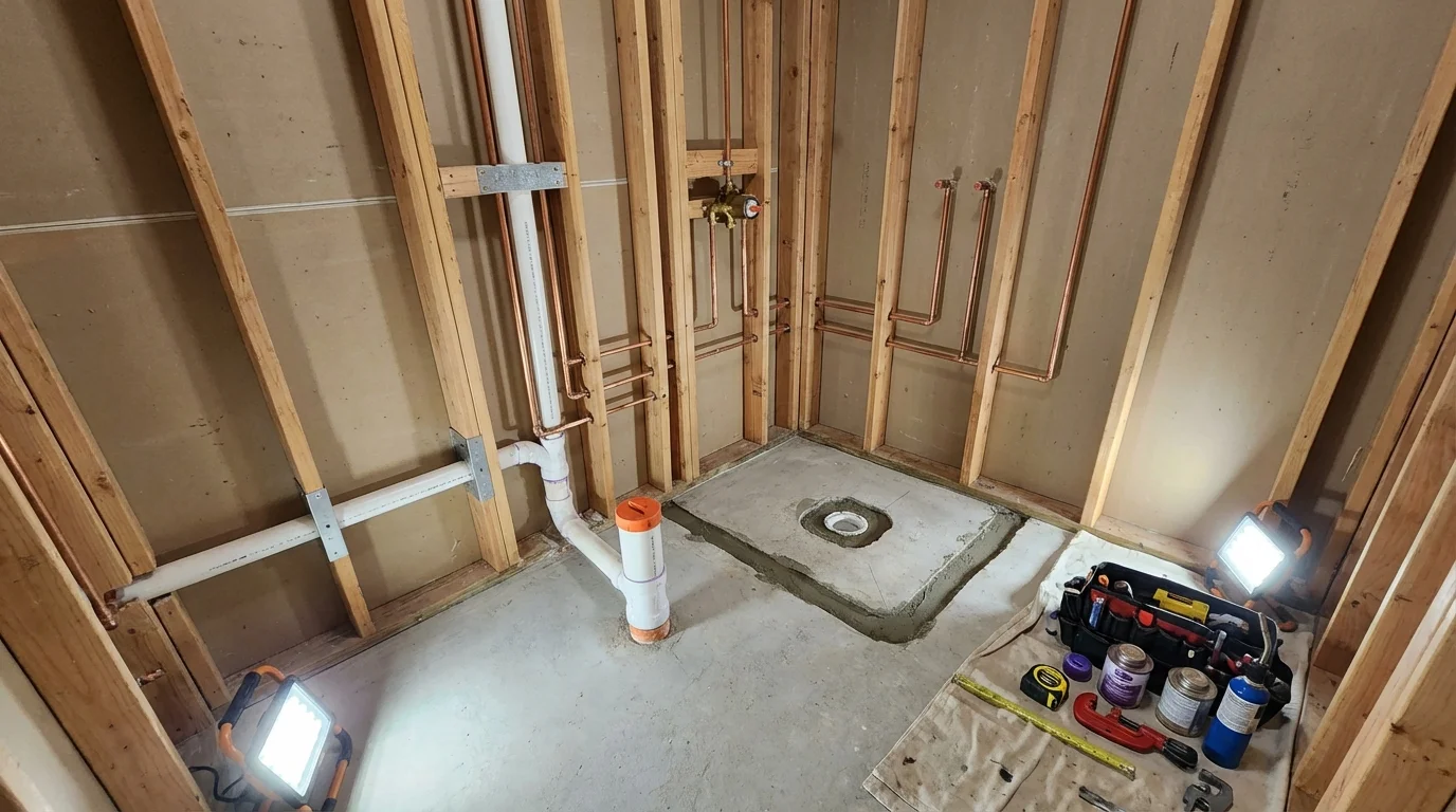 Bathroom rough-in plumbing during remodel by Johns Plumbing LLC in Winnfield