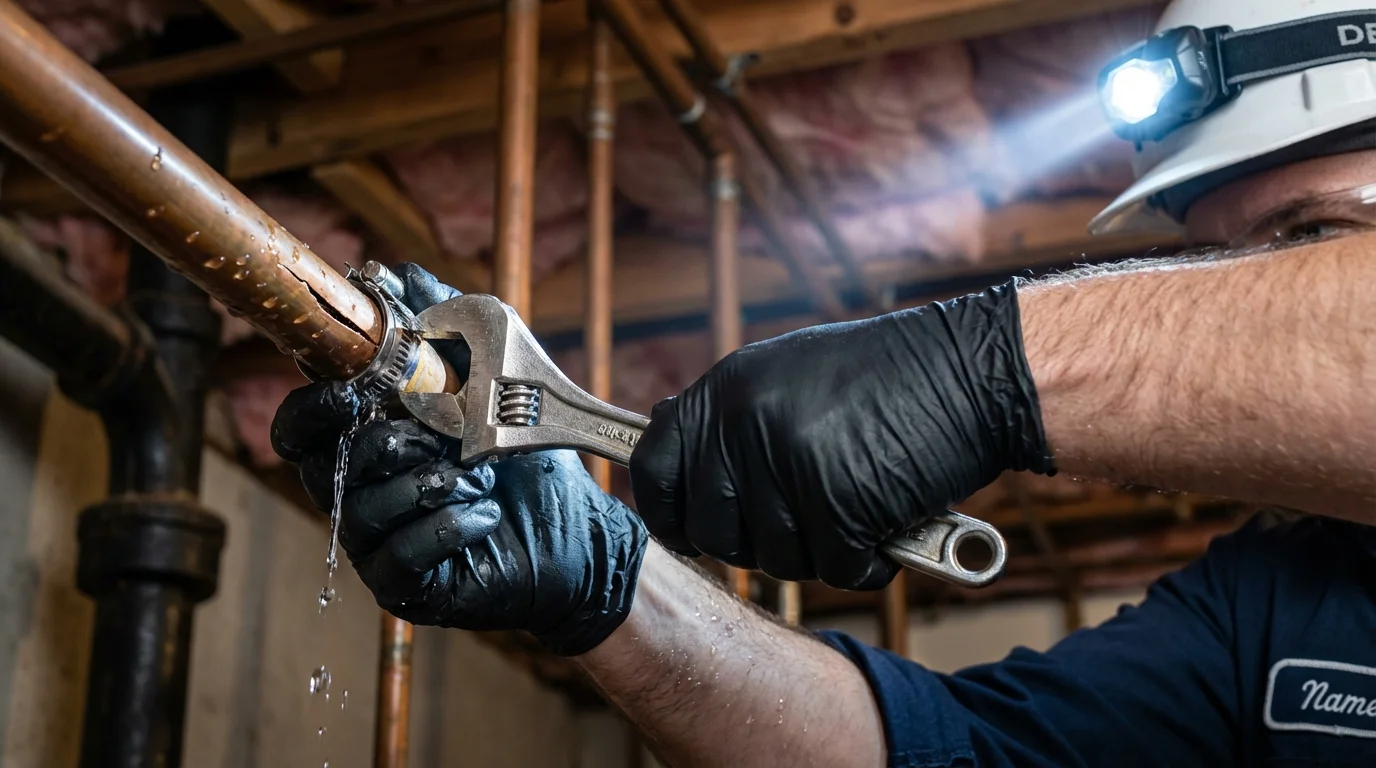 Emergency pipe clamp repair being performed by a Johns Plumbing LLC plumber in Winnfield