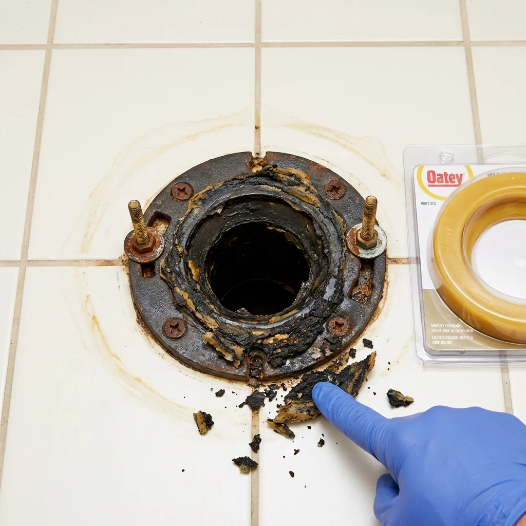 Failed wax ring showing water seepage at the base of a toilet in a Winnfield, LA home